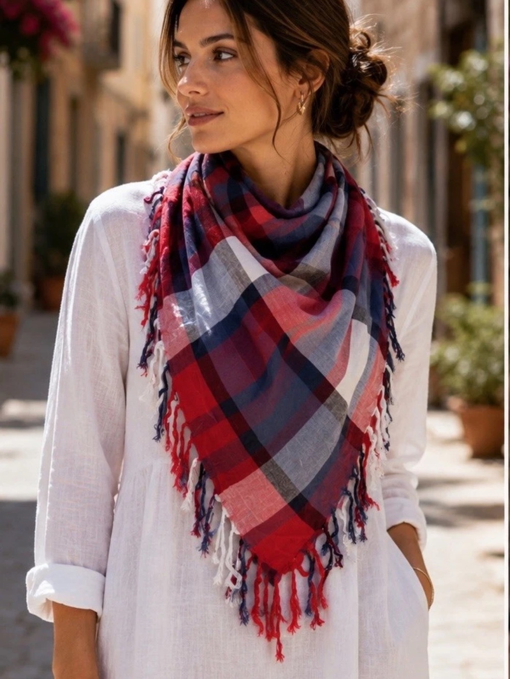 New Womens Scarf Blue Red White Plaid 5000-3102